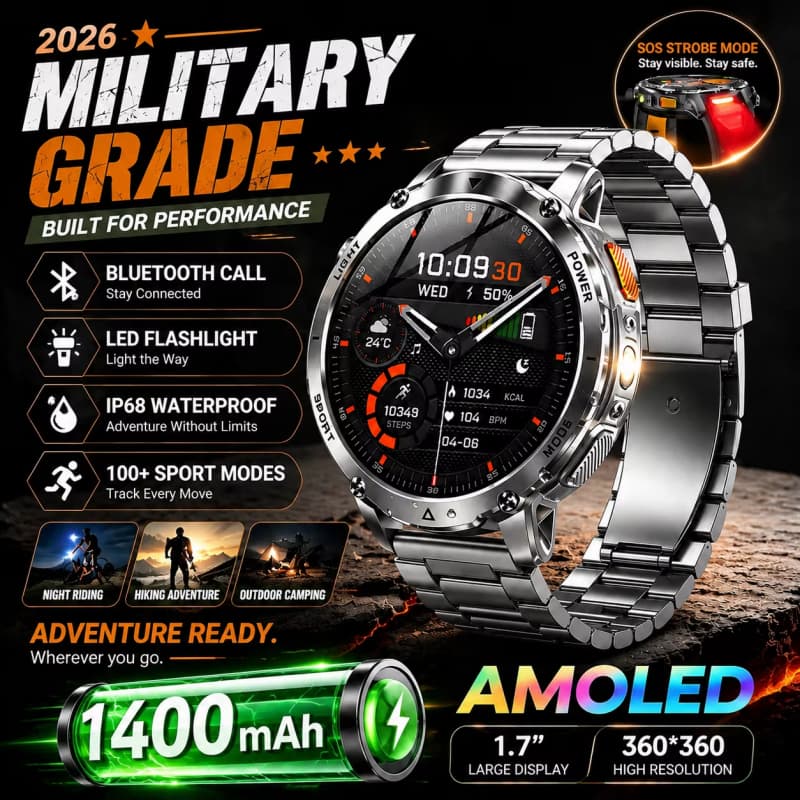 Smartwatch Relógio Inteligente Robusto 1400mAh Bateria Grande Lanterna LED SOS Strobe BT Chamada IP68 À Prova Dip68 Água