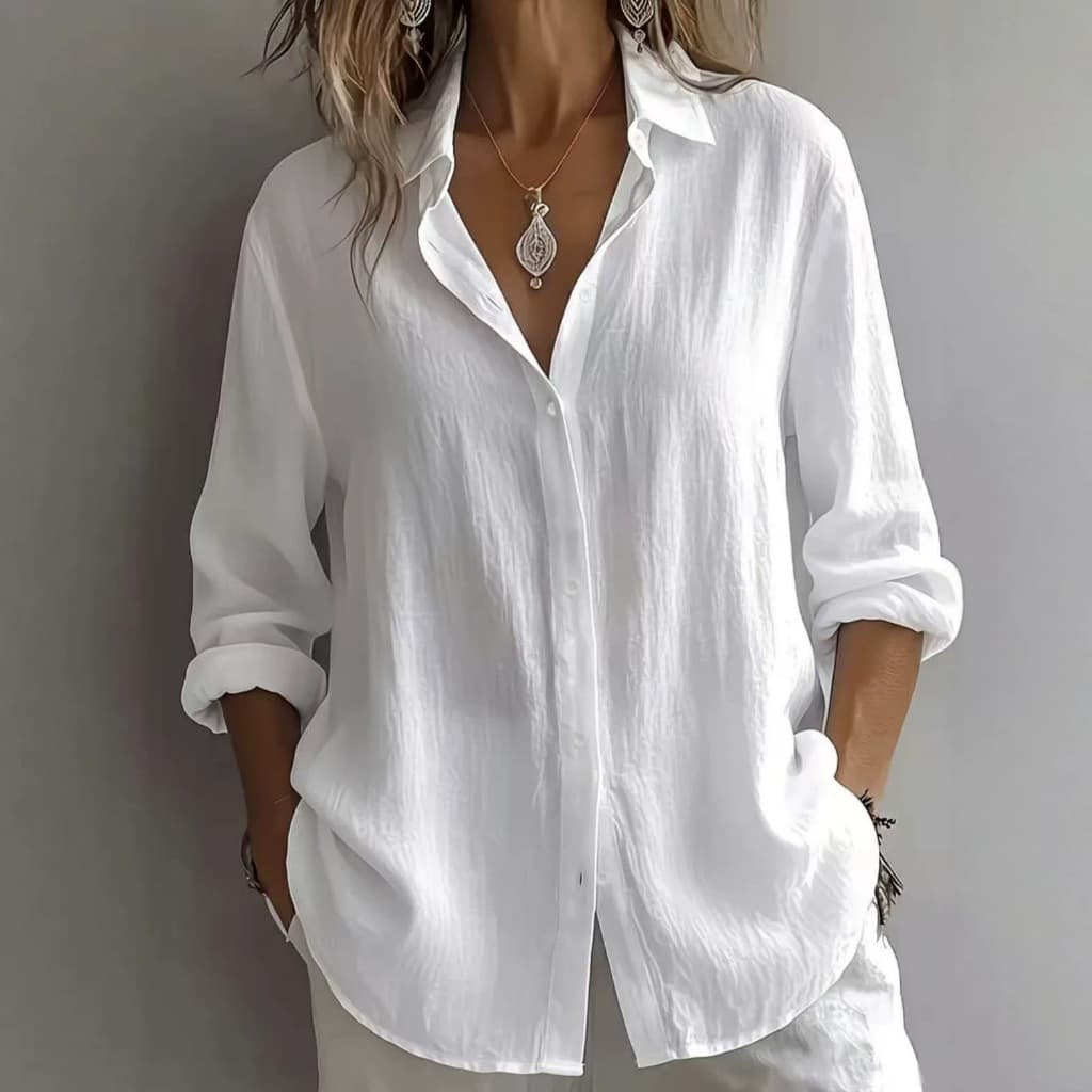 Novo estilo 2026 feminino primavera venda quente cor sólida linho lapela manga longa camisa Casual