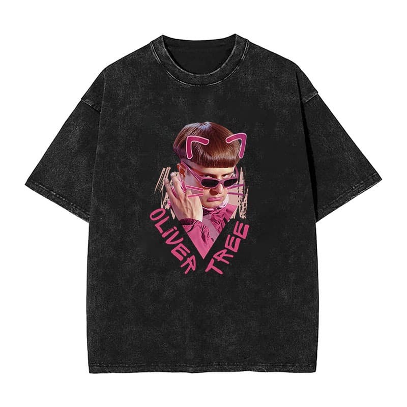 Oliver Tree Pink Cat Glasses Retrato Vintage Lavado Camiseta Oversized 100 % Algodão Estampada