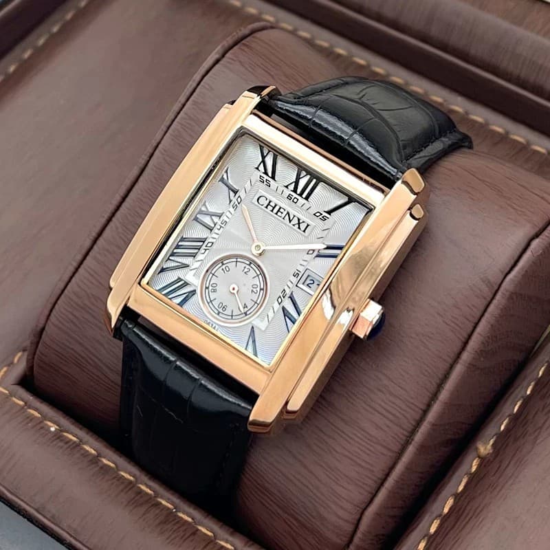CHENXI 8216 Relógio De Quartzo Masculino Quadrado Numeral Romano Mostrador Calendário Pulseira De Couro Genuíno (Sem Cai