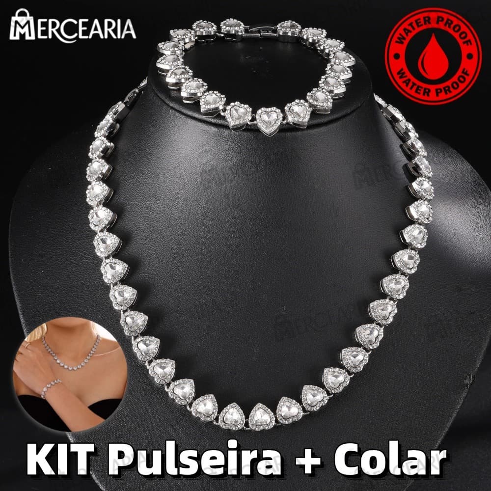 Colar Angel Zircônia Coração Incrustação Joias Femininas Corrente Cravejado Brilhante Pulseira