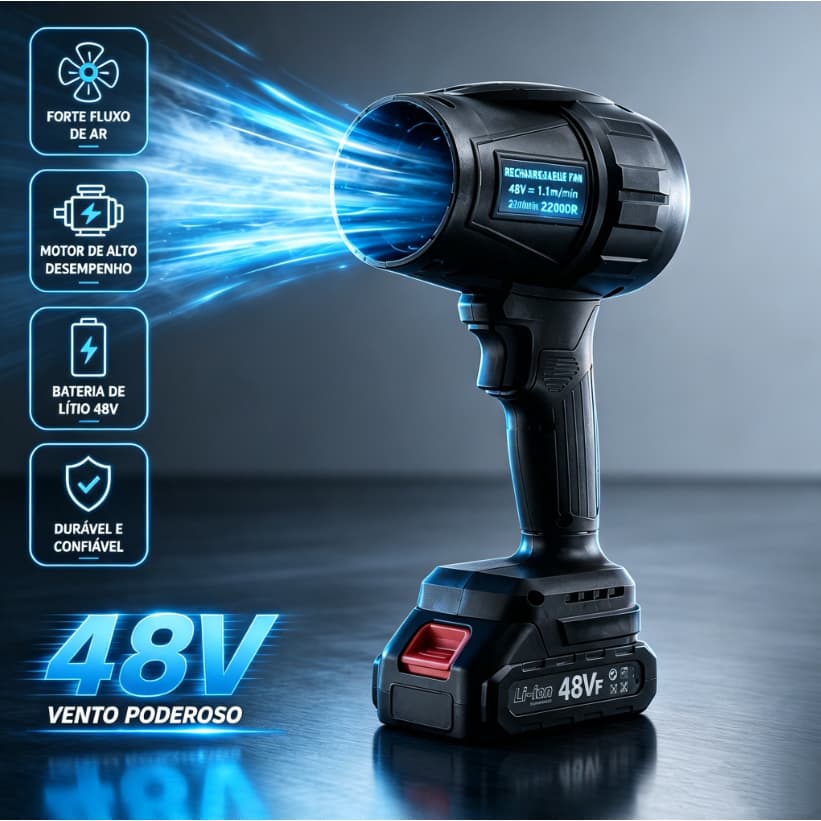Soprador Turbo Portátil | Ventilador turbo portátil recarregável 48V na cor preta, conjunto completo com bateria dupla