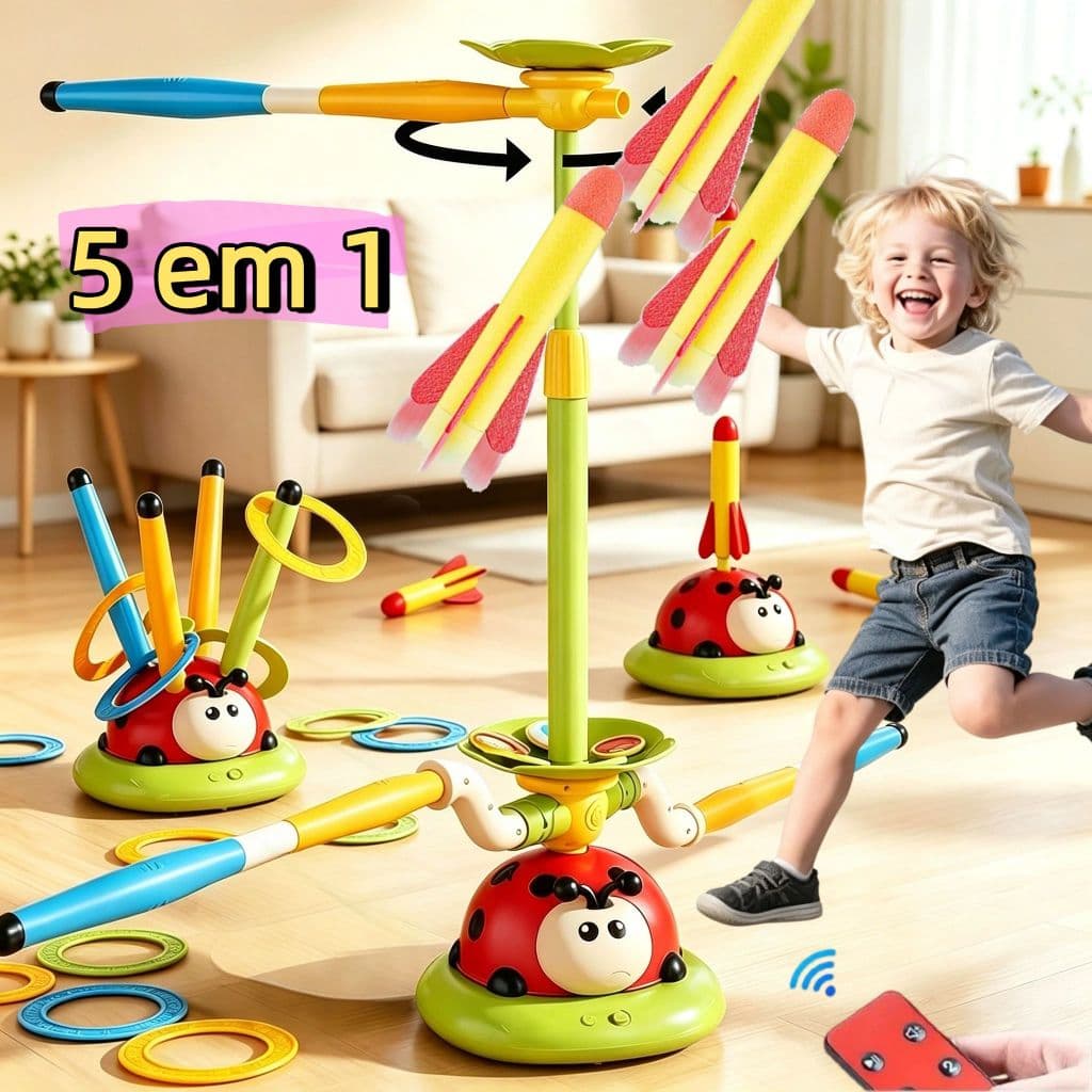 Brinquedo de menino infantil 5 em 1 divertido joaninha esportivo cinco em um função salto corda pé foguete conjunto
