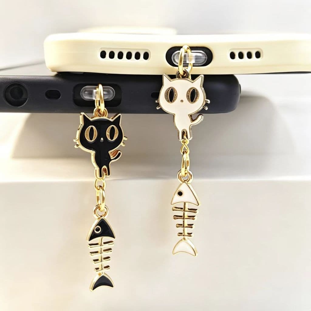 Plugue Anti-poeira para celular, faça você mesmo, osso de peixe, gatinho, pingente, decorações para celular