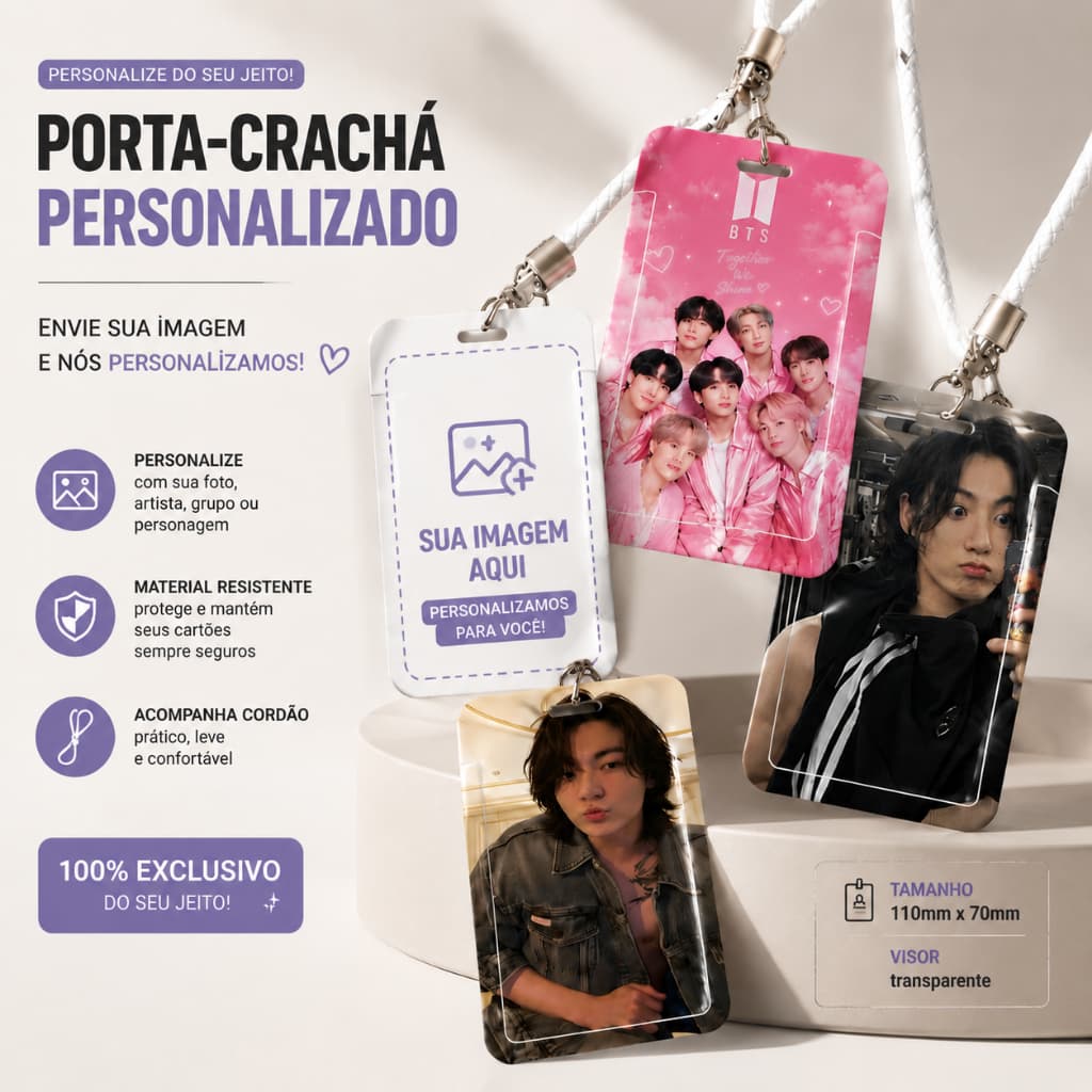 Porta-Crachá Personalizado com Sua Foto para Kpop Photocard Holder BTS Cartão Estudante Trabalho Envie Sua Imagem Cordão