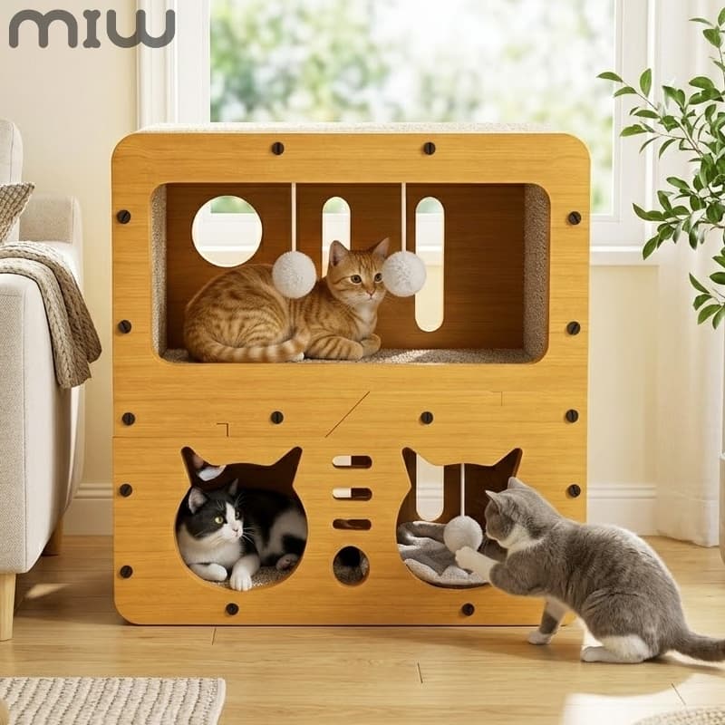 MIW Casinha De Gato Dupla Arranhador Para Gatos Cama Para Gato Grande Madeira Com Bolinha