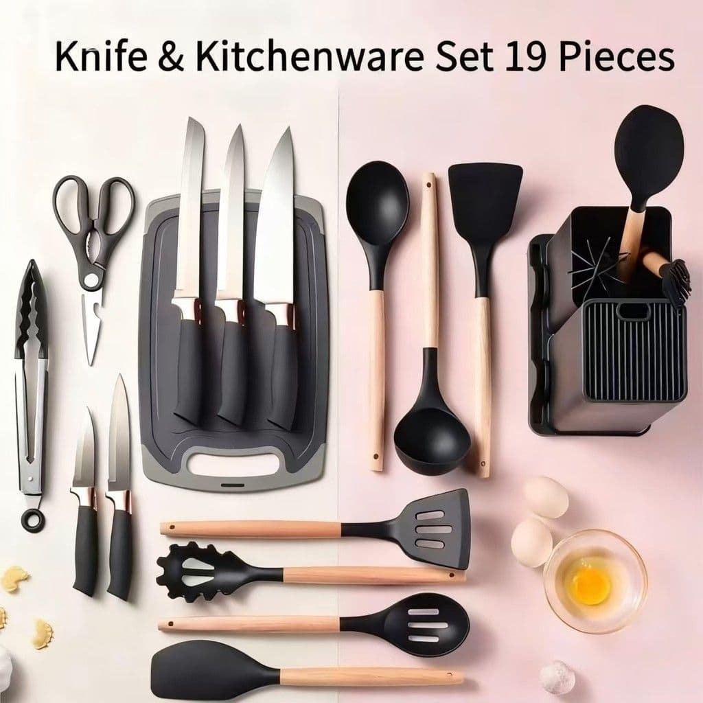 Conjunto de 19 peças de talheres de Silicone para cozinha, aço inoxidável, grão de madeira, resistente ao calor, conjunt