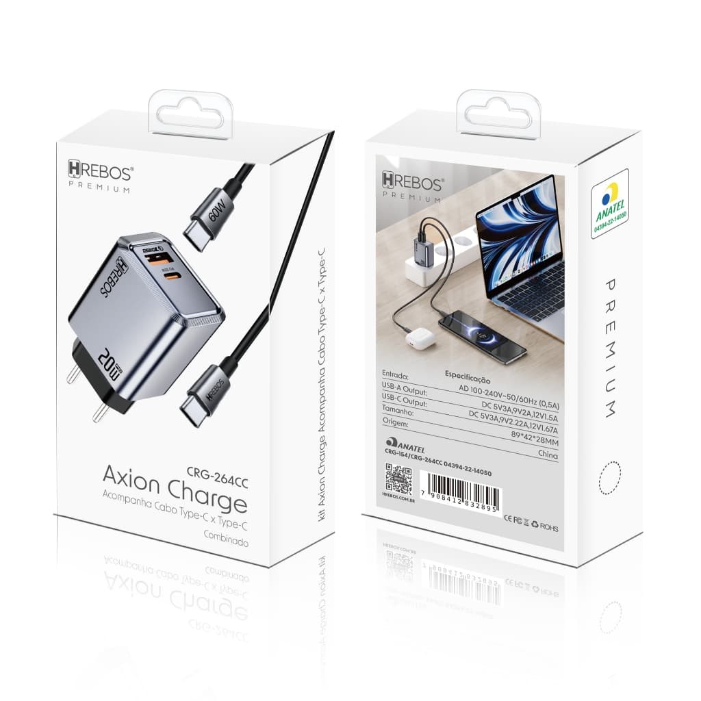 HREBOS x HEYOO Carregador De Celular Turbo Rápido 20W Usb-c + Usb-a C Kit com Cabo Tipo-C com Celulares e Tablets
