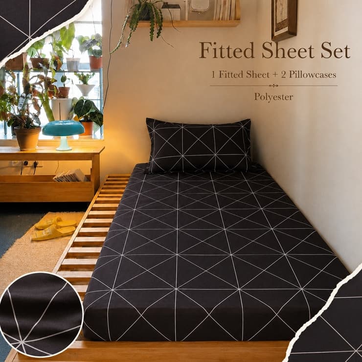 Conjunto De Lençóis De Látex 3 Em 1 Pretos Geométricos Lençol Geométrico + 2 Peças De Fronha Único Super Single Queen Ki