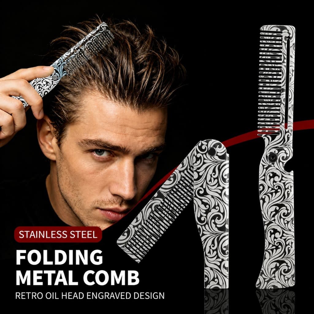Pente De Cabelo Dobrável De Aço Inoxidável Para Homens , Barba Estilo Bolso Com Abridor De Garrafas Viagens , Barbeiro ,