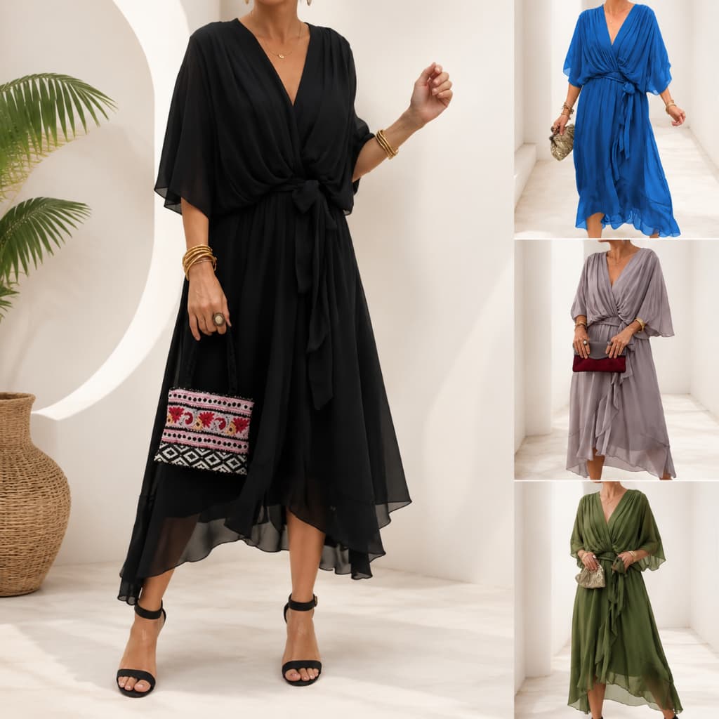 Estilo europeu americano senhoras vestido de cor sólida manga morcego amarrado Irregular tamanho grande saia longa