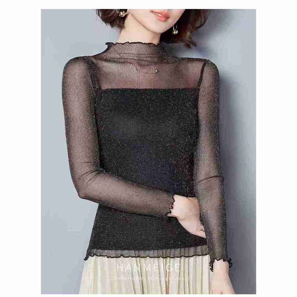 Camisa feminina de malha transparente de seda brilhante preta de manga comprida