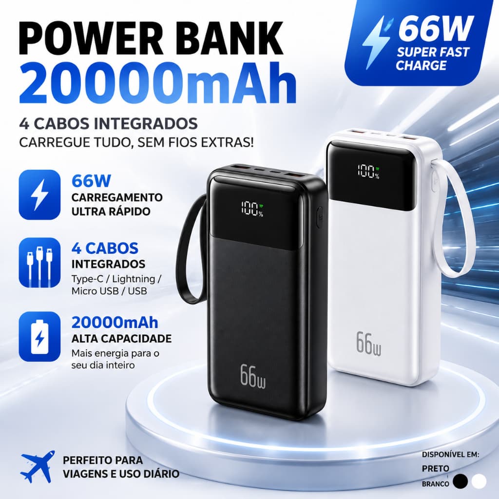 Carregador portátil Power Bank 20000mah 66W Carregamento super rápido com Visor Digital 4 cabos