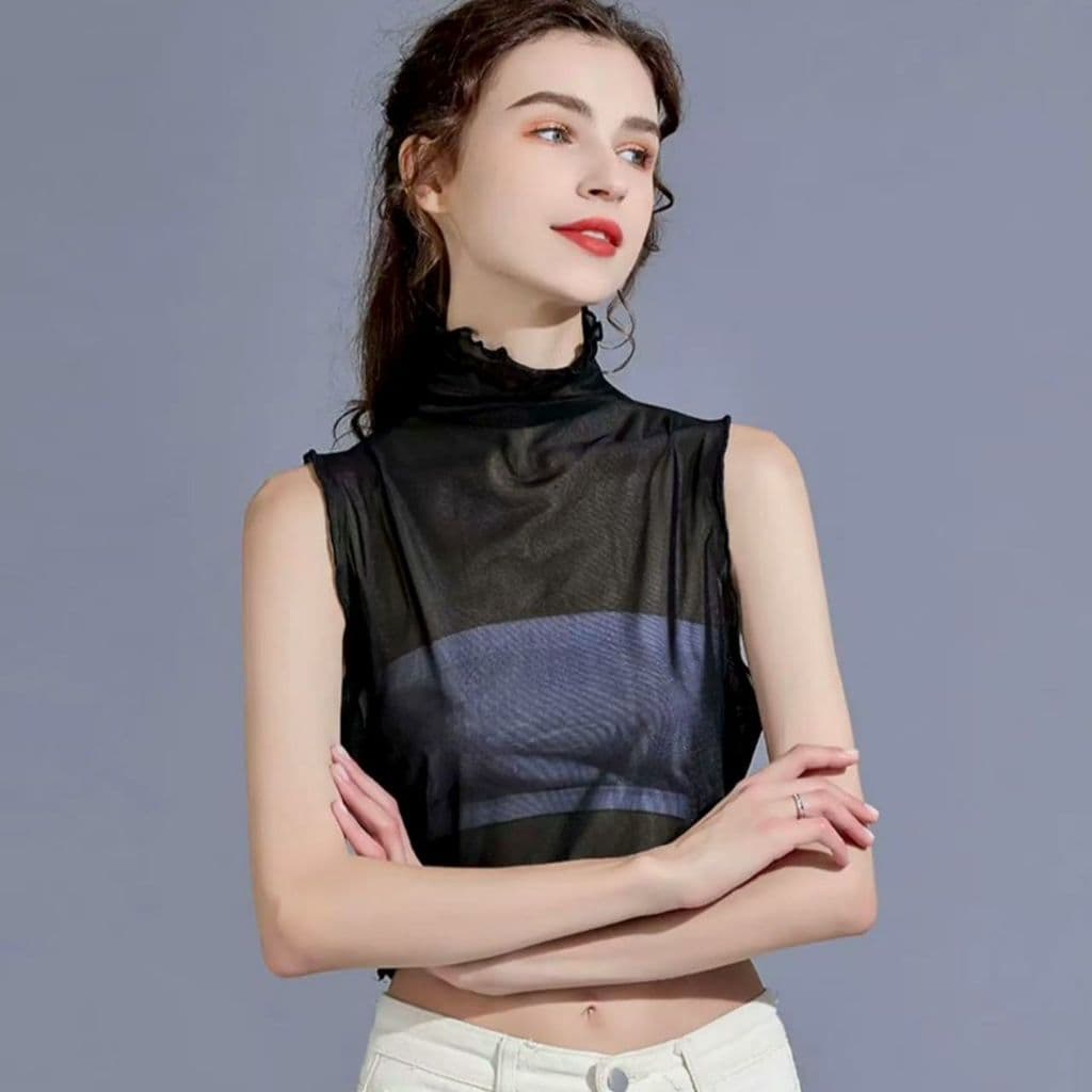 Gaze transparente feminina sem mangas com gola alta e Top curto