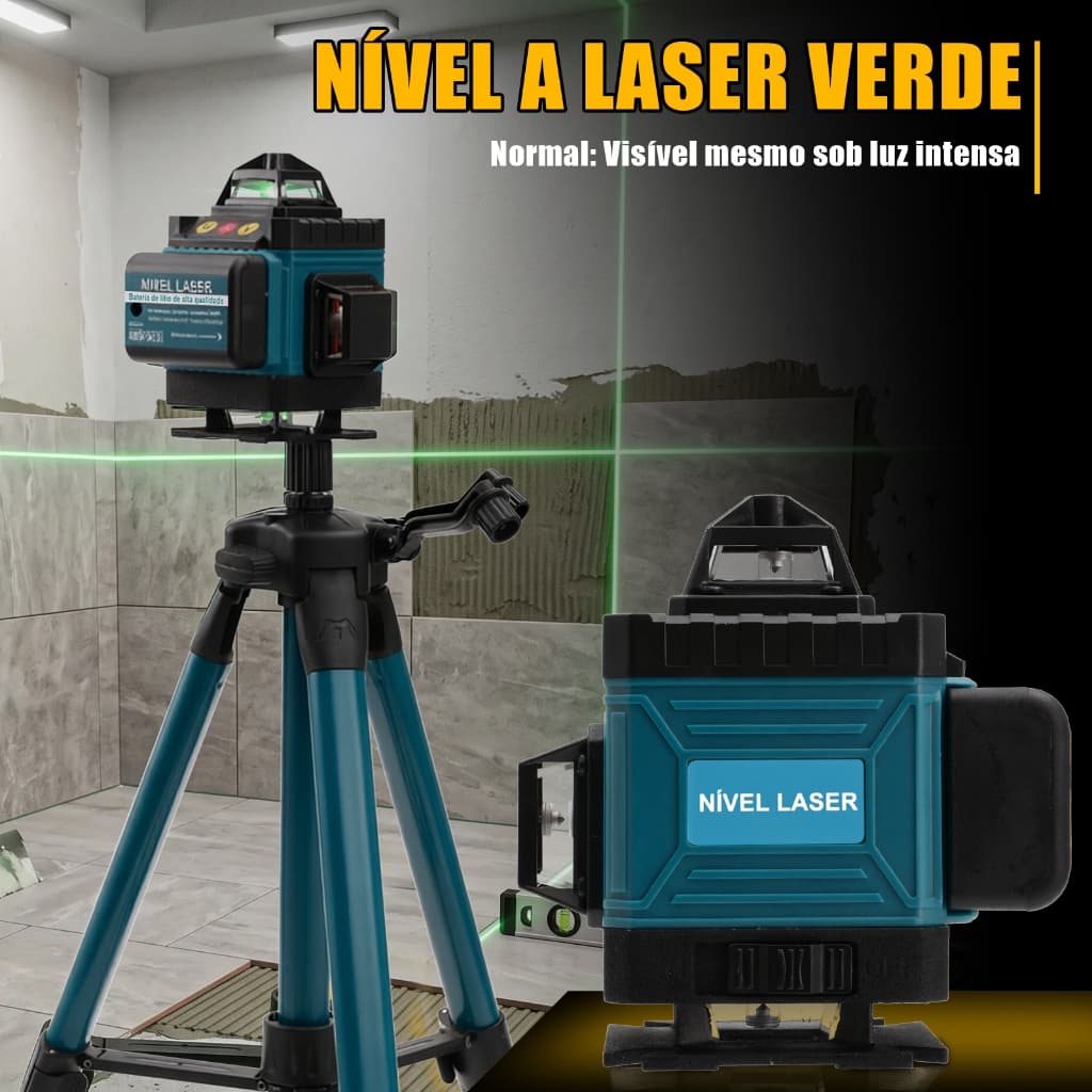 Nível a Laser 12/16 Linhas Verde Profissional Autonivelante para construção, kit completo com tripé e duas baterias
