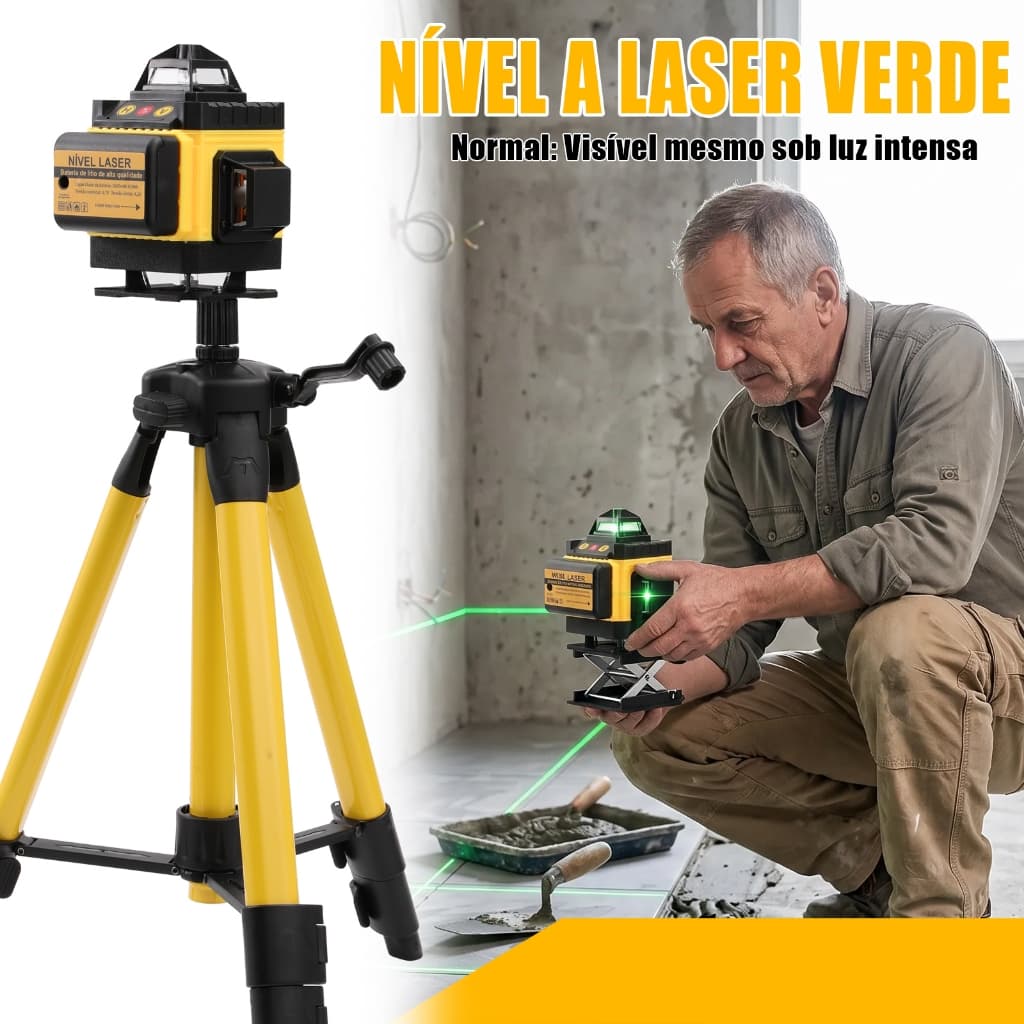 Nível a Laser 12/16 Linhas Verde Profissional Autonivelante para construção, kit completo com tripé e 2 baterias inclusa