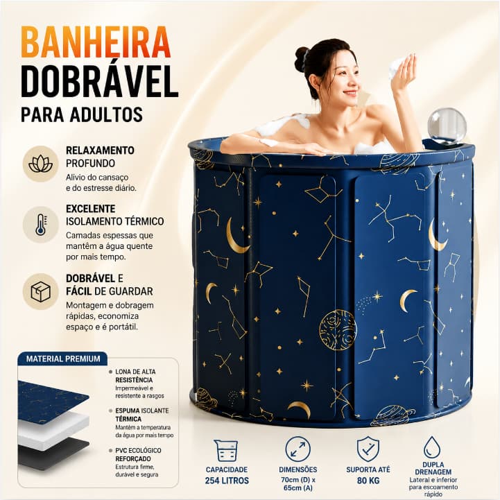 Banheira Ofuro Dobrável SPA Adulto – 254 Litros Estilo Ofuro Portátil 70cm Com Drenagem Rápida