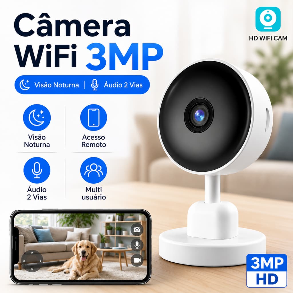 Câmera de Segurança Interna IP Wi-Fi 3MP Full HD, Visão Noturna, Detecção de Movimento e Alarme, Acesso via App Celular