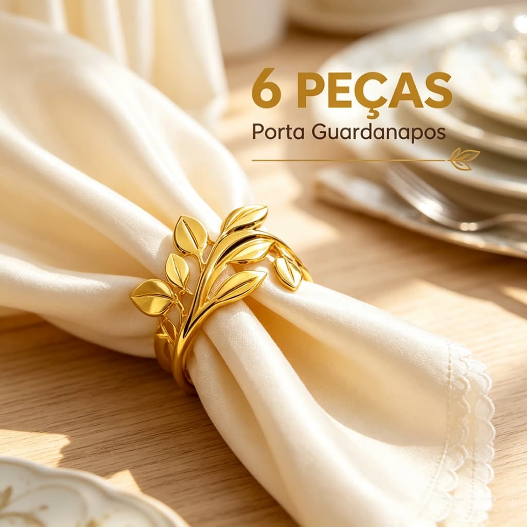 Kit 6 porta guardanapos - anéis de guardanapos de metal Folhas / ramos dourado