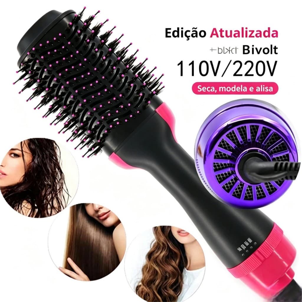 Escova Secadora Modeladora de Cabelo Profissional, Alisa, Seca e Faz Cachos com Fluxo de Ar Quente
