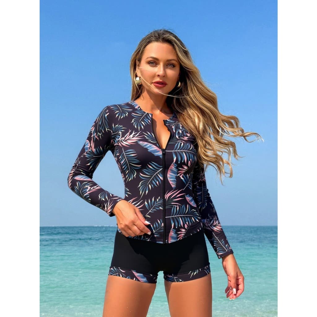 Estilo europeu americano de manga comprida protetor solar maiô de duas peças feminino surf terno impresso Slimm