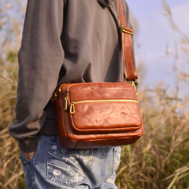 Feito à mão Retro primeira camada vegetal curtido bolsa de ombro Horizontal bolsa mensageiro masculina Casual todos @-