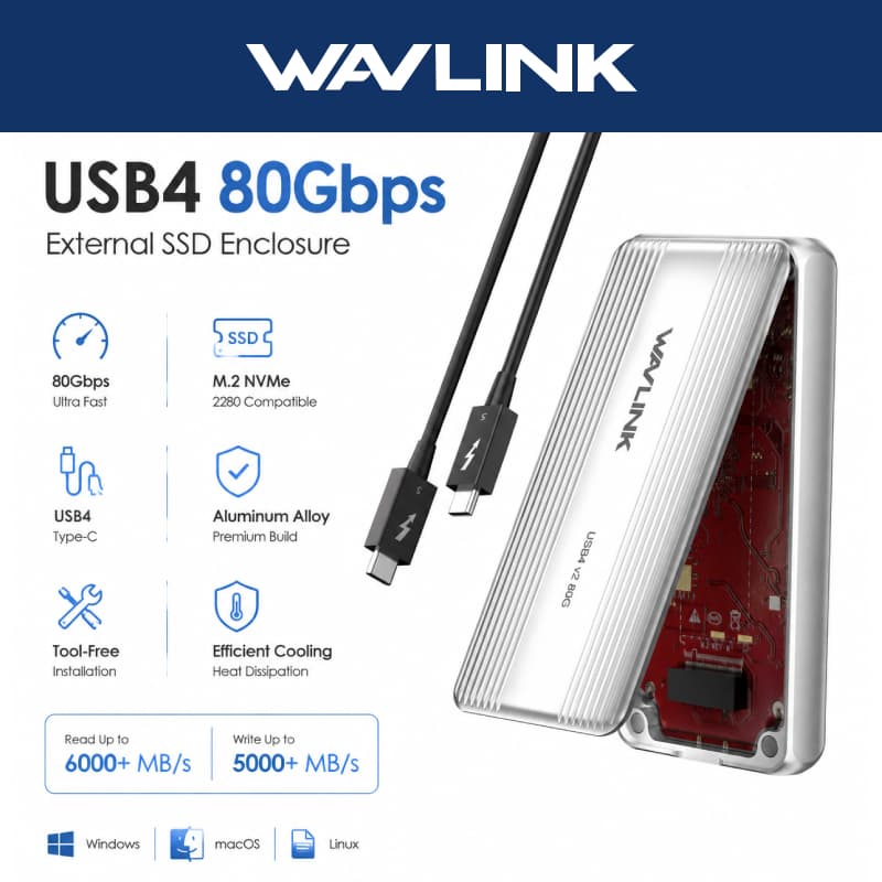Gabinete SSD WAVLINK USB4 NVMe | Ventilador De Resfriamento Conecte E Jogue Compatível Com TB4/5 , USB4 Para MacOS/Windo