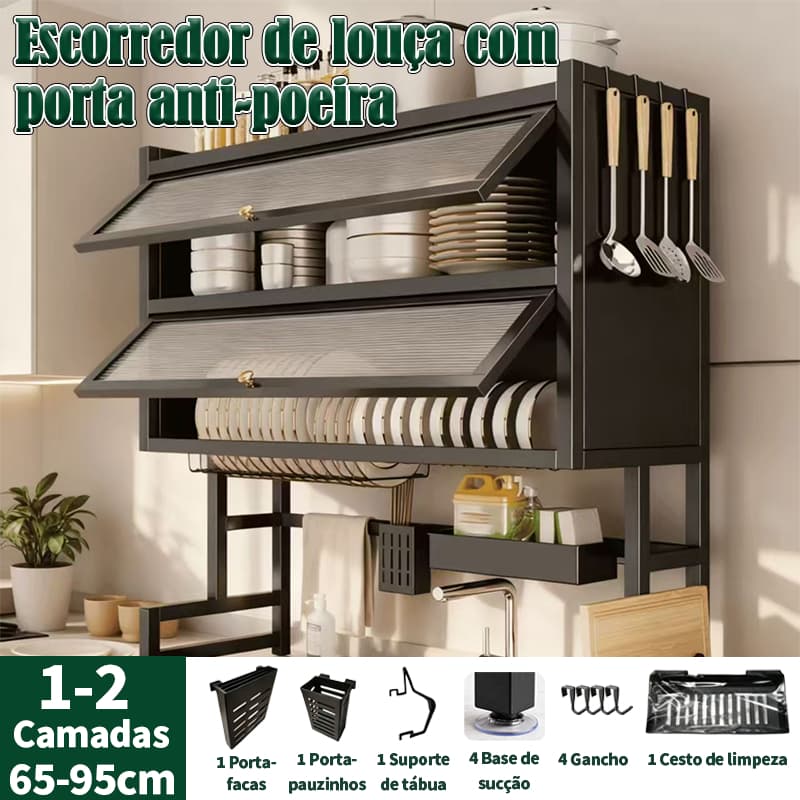 Escorredor de louças metálico, escorredor à prova de poeira com porta de armário, escorredor multifuncional para pia