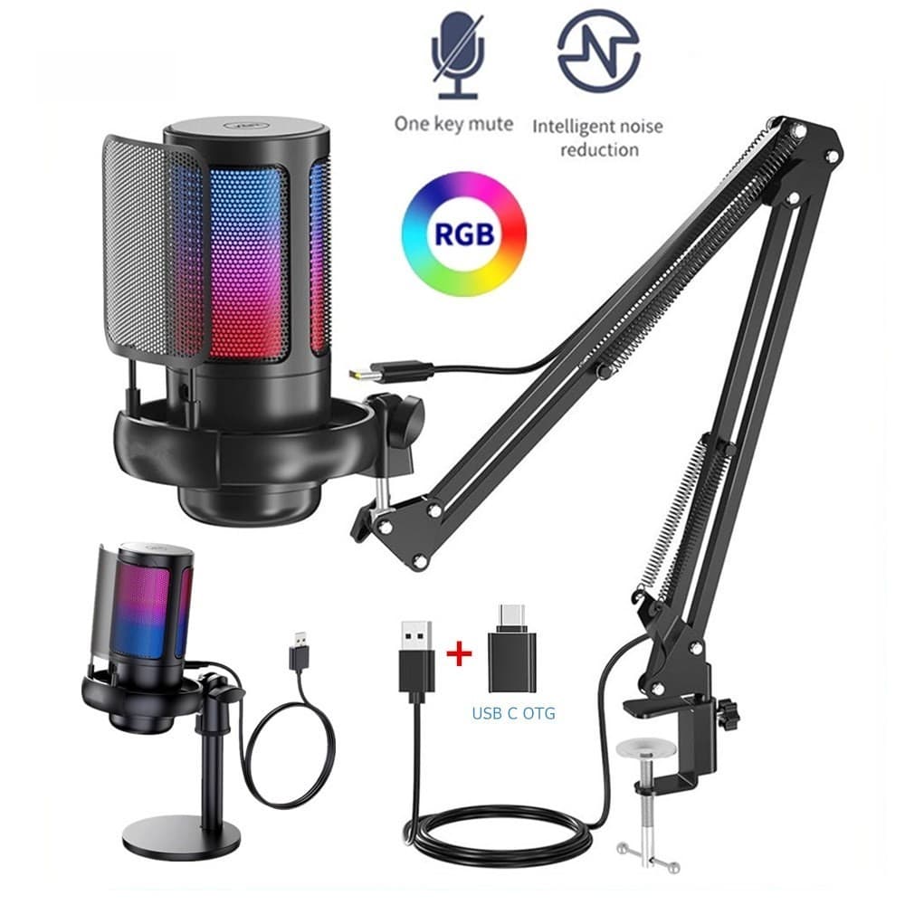 USB PC Gamer Microfone Condensador LED Botão Mudo Computador Jogos Para Portátil/PS4/5 Streaming Podcast Estúdio Gravaçã