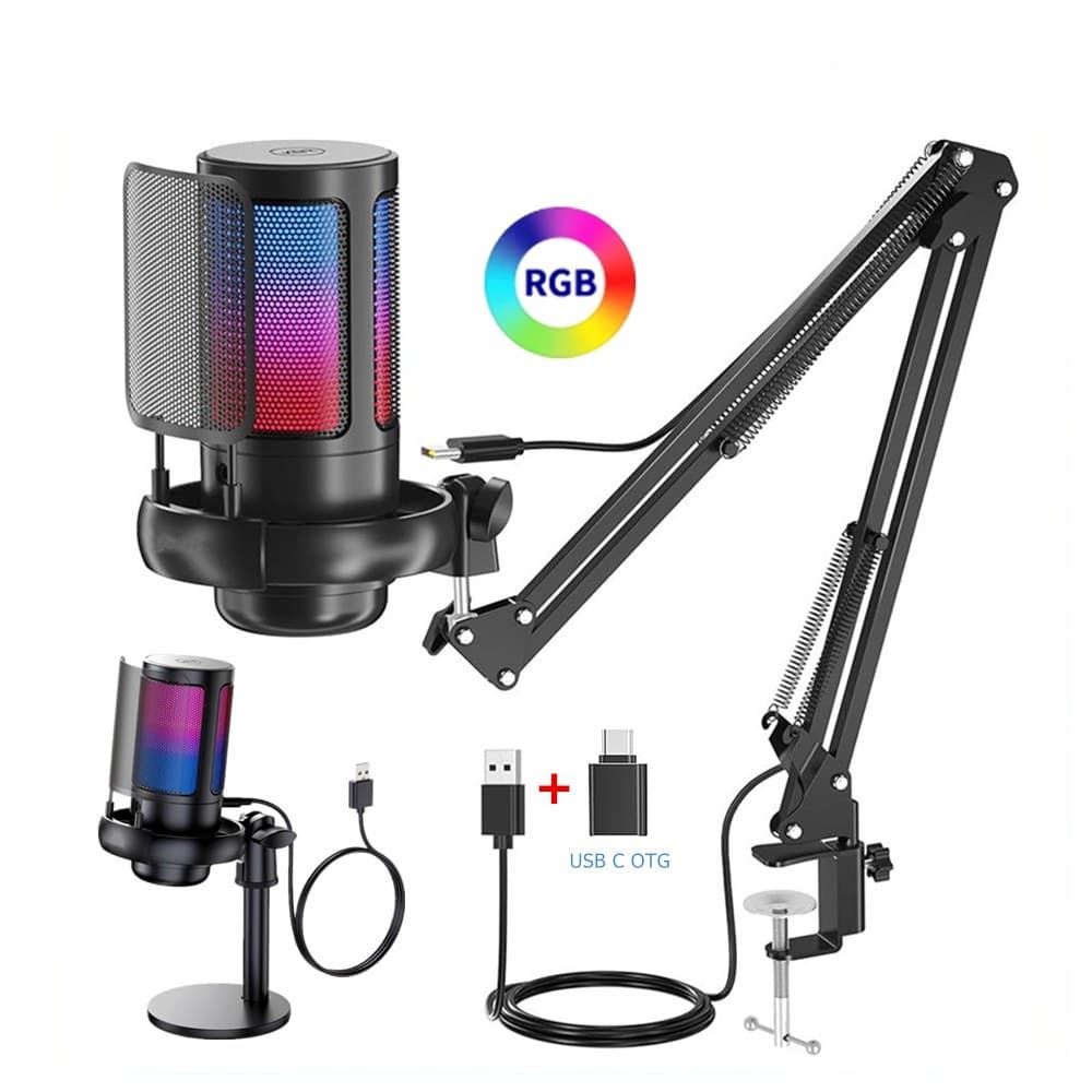 USB PC Gamer Microfone Condensador LED Botão Mudo Computador Jogos Para Portátil/PS4/5 Streaming Podcast Estúdio Gravaçã