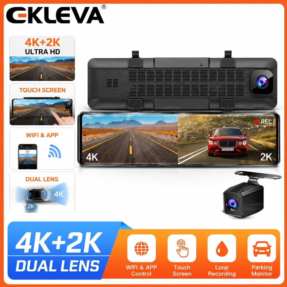 EKLEVA UHD 4k Tela Traço Cam Lente Dupla Traseira 2k 11.26 Polegada Espelho Retrovisor Carro Dvr Câmera Gps Wifi Gravaçã