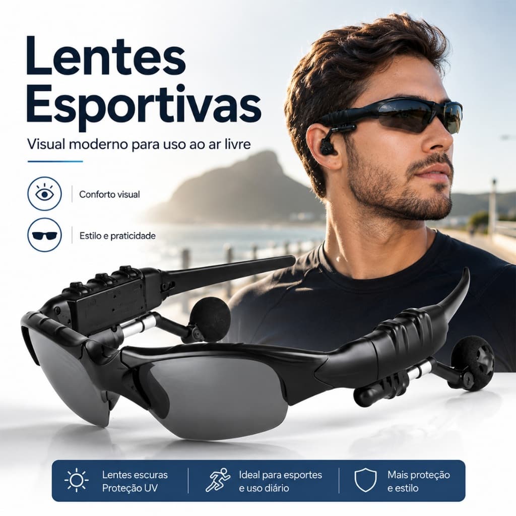 Óculos Bluetooth 5.0 Esportivo 2 em 1 com Fone Ouvido Sem Fio e Lente Polarizada - Corrida Ciclismo