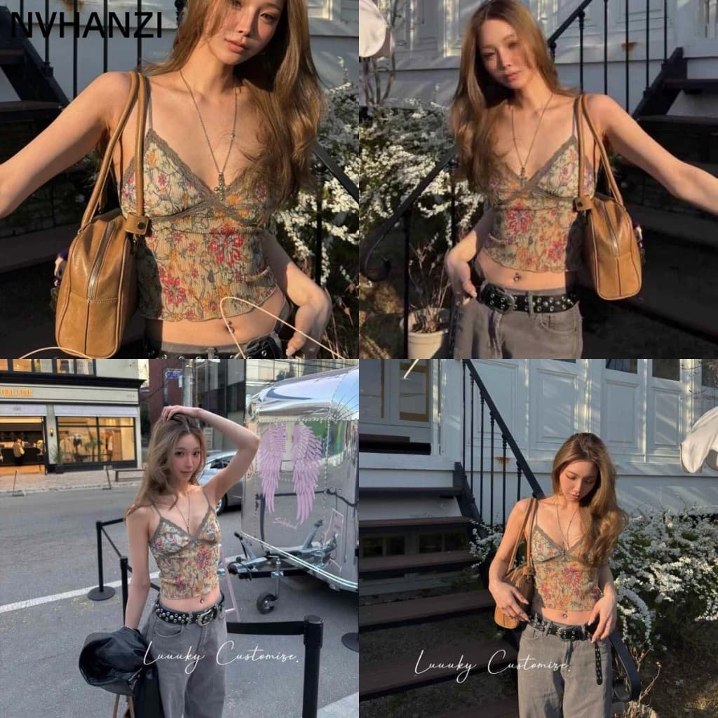 Camisola Floral retrô estilo curto temperamento estilo menina quente Top de verão