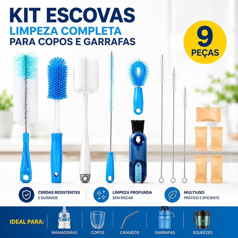 Kit Conjunto De 9 Escovas De Limpeza Multiuso Com Cabo Longo, Escova De Canudo, Escova De Limpeza De Copos