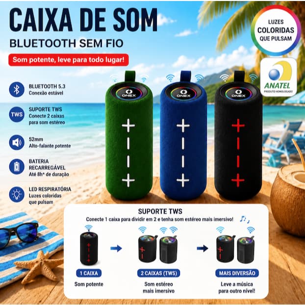 Caixa de Som Bluetooth 5.3 TWS LED RGB 52mm Portátil Presente para Camping Viagem Praia