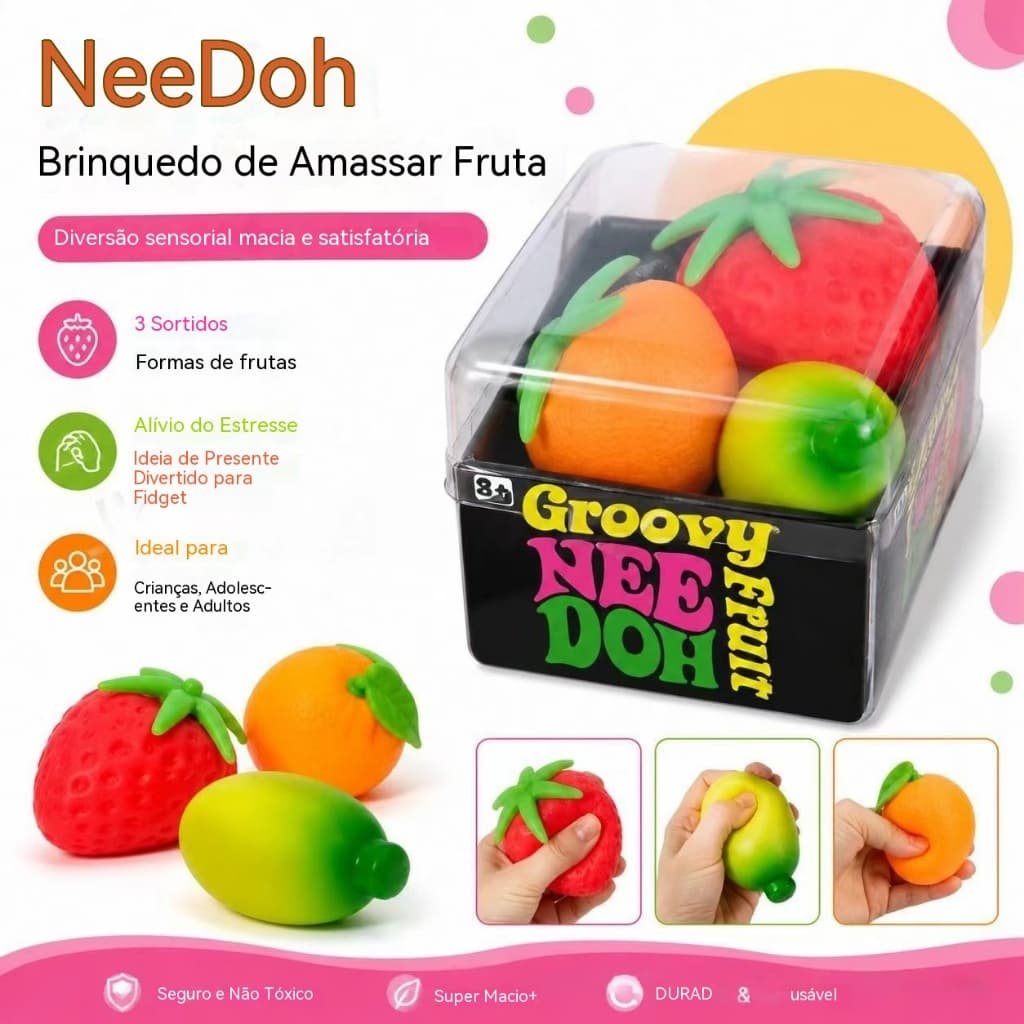 Brinquedo macio de fruta Needoh, brinquedo sensorial de apertar para os dedos, à base de farinha, para alívio do estress
