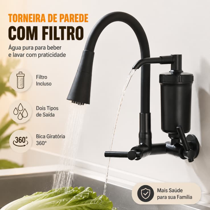 Torneira Preta Com Filtro Para Cozinha, Torneira Flexivel de Parede Cozinha,Torneira Preta Gourmet Parede, Filtro