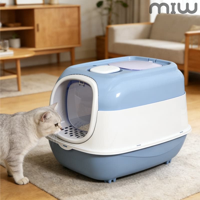 MIW Caixa de Areia Fechada para Gatos Oval Grande Sanitário com Pá e Tampa Resistente para Gatos Grandes e Filhotes