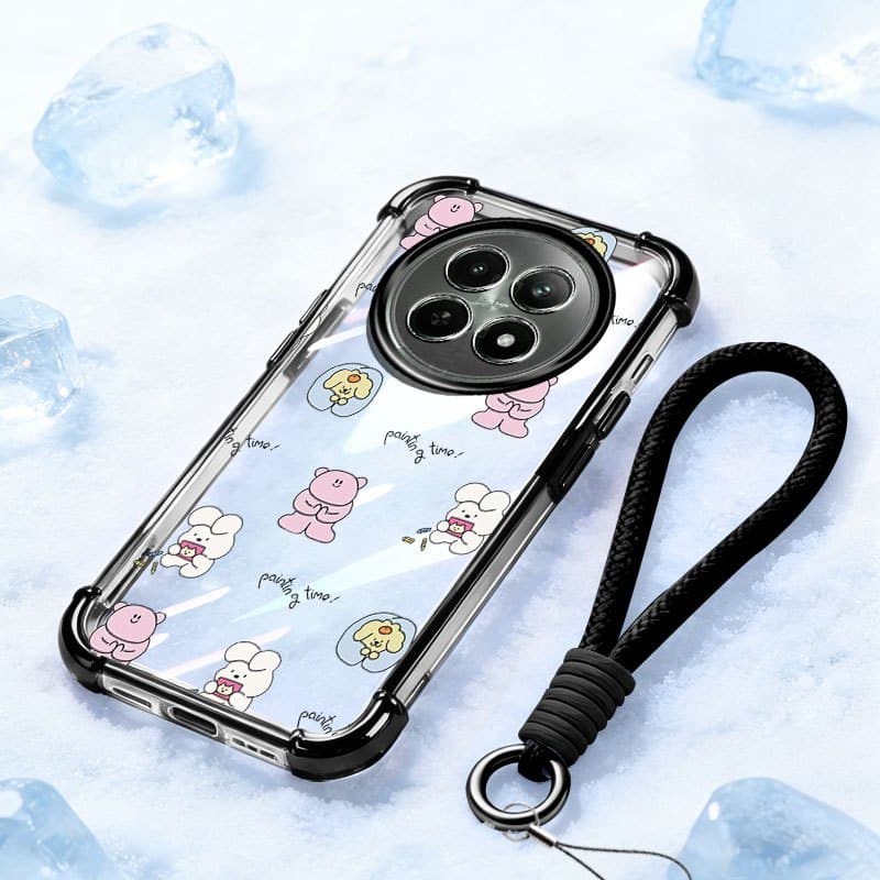 YBD Capa Transparente Para Realme 12X 12 13 5G Cartoon Bear Dog Doodle Padrão Com Alça De Pulso Portátil