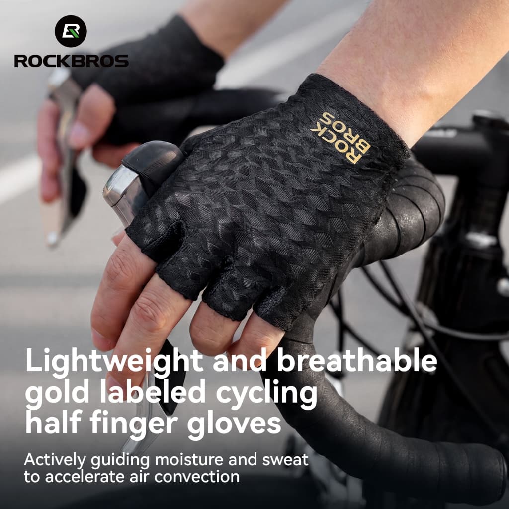 ROCKBROS Meio Dedo Bicicleta Ciclismo Luvas Ouro Logotipo Reflexivo Anti Deslizamento SBR Absorção De Choque Respirável