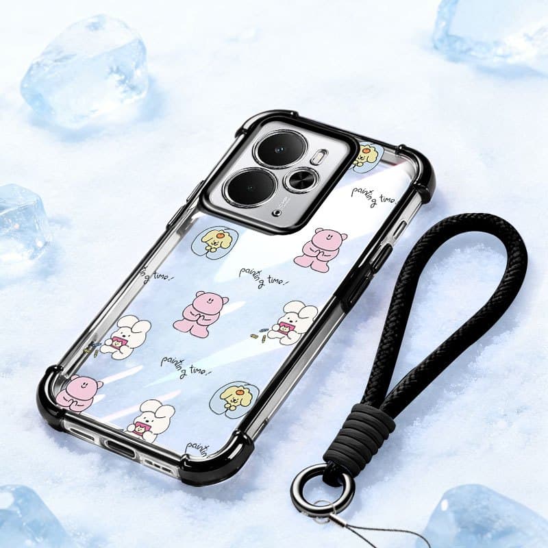 YBD Capa Transparente Para Realme 15 Pro 15T 14 14T 5G Desenho Animado Urso Cachorro Doodle Padrão Com Alça De Pulso Por
