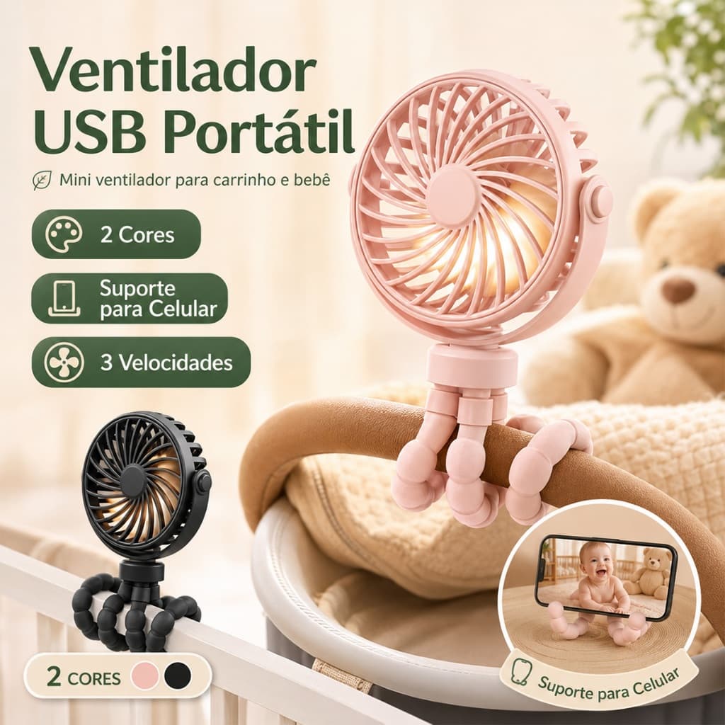 Mini Ventilador Portatil Infantil USB Recarregavel Ajustável 3 Velocidades, Potente Silencioso para Mesa, Carro,Viagens