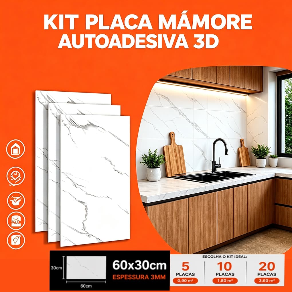 Kit 5-10-20 Placas Mármore Autocolante 3d Vinílico Adesivo 60x30 Revestimento Parede Decoração