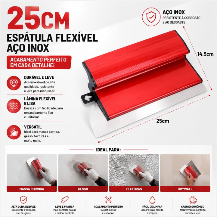 Desempenadeira Aco Inox 25cm Lamina Flexivel Massa Corrida Drywall