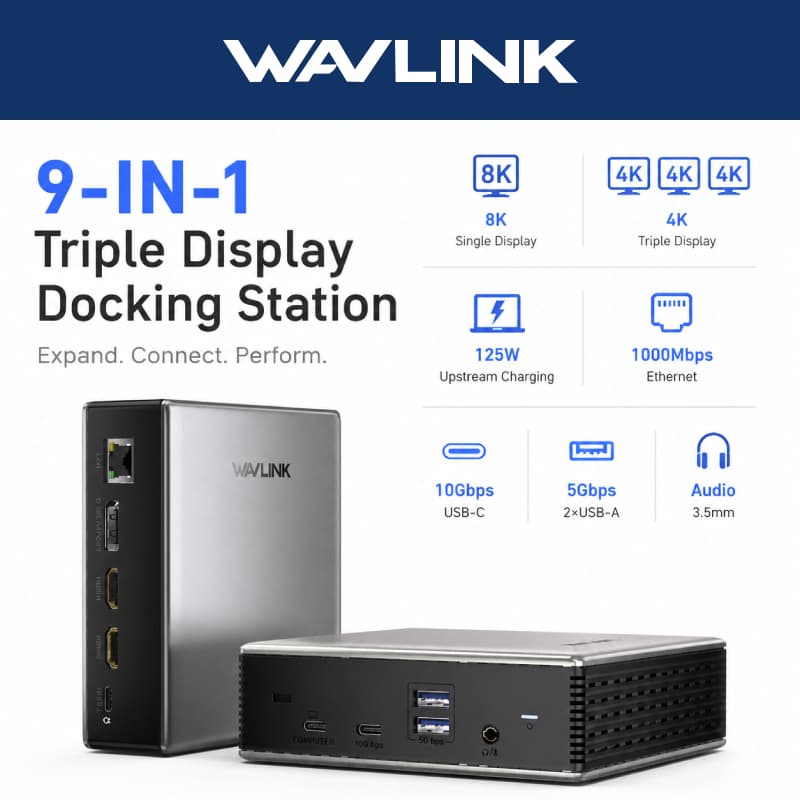 Estação De Acoplamento USB C WAVLINK 9 Em 1 Com 8K HDMI * 2 + 8K Displayport , 140W PD , RJ45 , 10G-, 2 A 3.0,3.5 Mm De