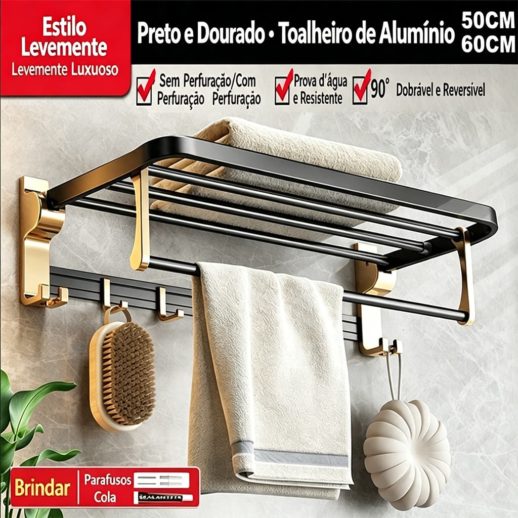 Prateleira De Banheiro,Toalheiro Grosso De Parede Premium Porta Com Gancho Liga De Alumínio Adesivo/Com Furos 50/60cm