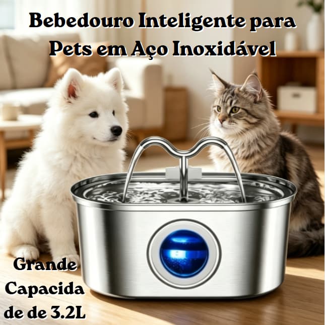 Bebedouro para Gatos Inoxidável 3,2L Automático Filtro Água Fresca - Com Visor Transparente