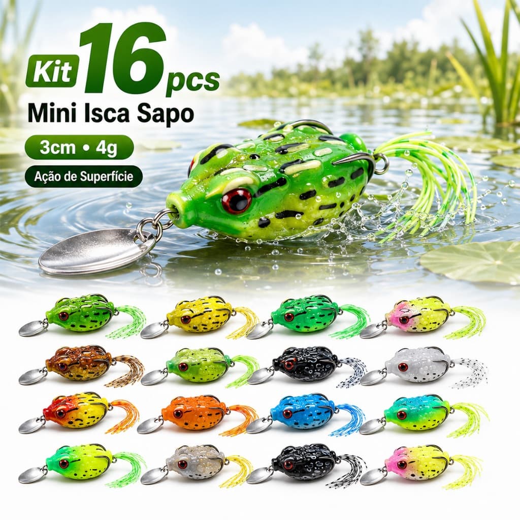 KIT 12/16 Iscas para pesca Artificial Frog Sapinho sapo Anti Enrosco + EstojoIscas Realistas para Pesca de Truta e Peixe