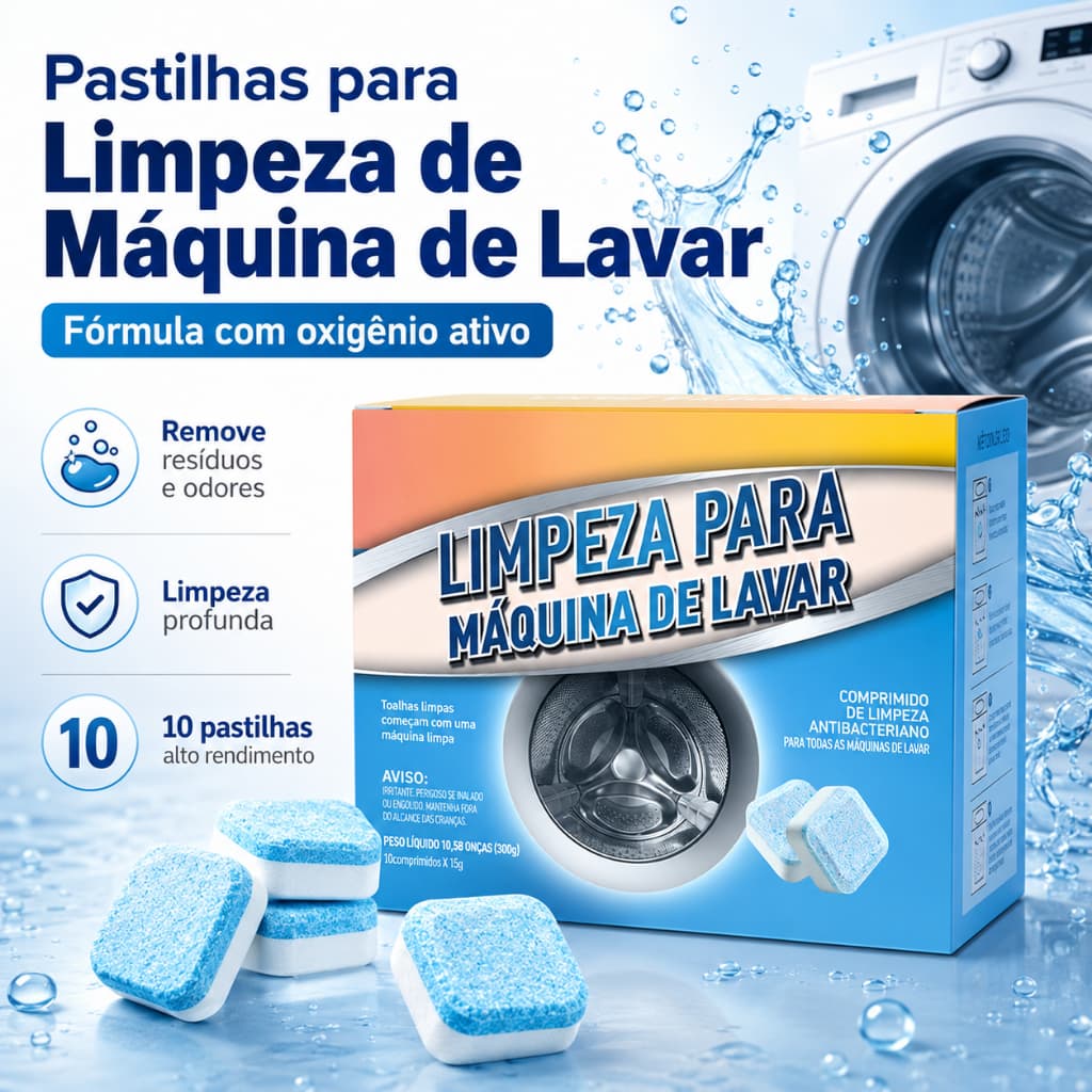 Comprimidos sólidos limpadores de lavadora, efervescentes para eliminação de manchas e resíduos