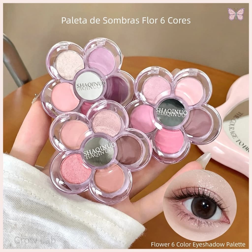 Paleta de Sombras SHAQINUO Formato Flor 6 Cores Fosco e Brilhante Portátil Maquiagem Olhos Diária Estudante Iniciante